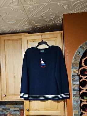 Lauren Ralph Lauren Navy Blue Sailboat Embroidery Striped Crew Neck Sweater